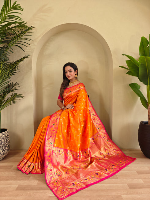 Orange Paithani Silk Party Wear Saree With Blouse - Side View | Samyak Fashion