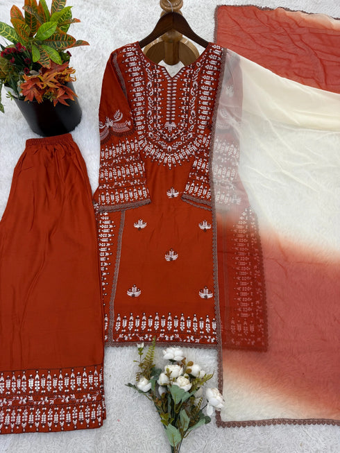 Orange Rayon Cotton Elegant Salwar Suit - Side View | Samyak Fashion