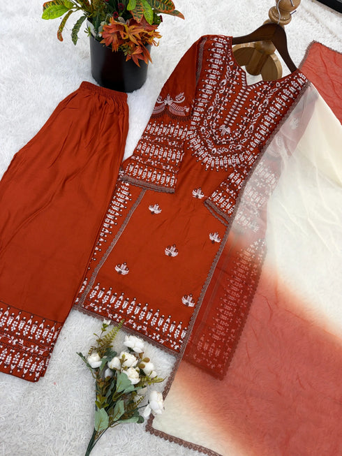 Orange Rayon Cotton Elegant Salwar Suit - Detail View | Samyak Fashion
