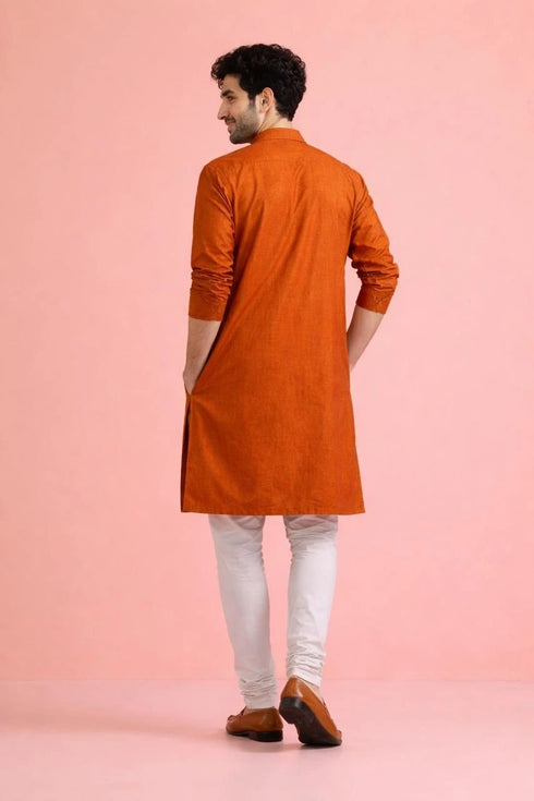 Orange Velvet Mens For A Festive And Kurta With Payjama - Back View | Samyak Fashion