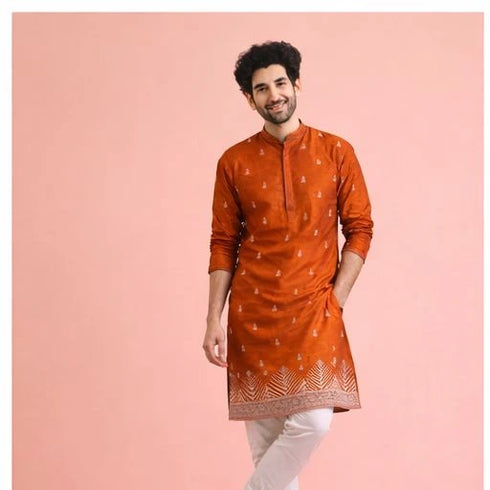 Orange Velvet Mens For A Festive And Kurta With Payjama - Side View | Samyak Fashion
