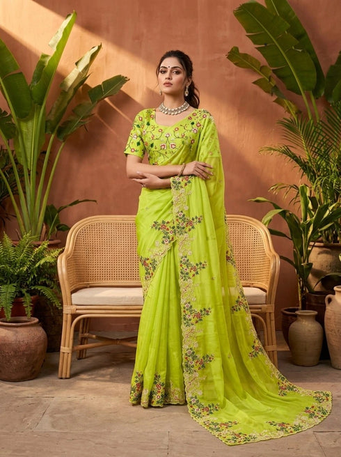 Parrot Green Paper Silk Party Wear Saree With Blouse - Front View | Samyak Fashion