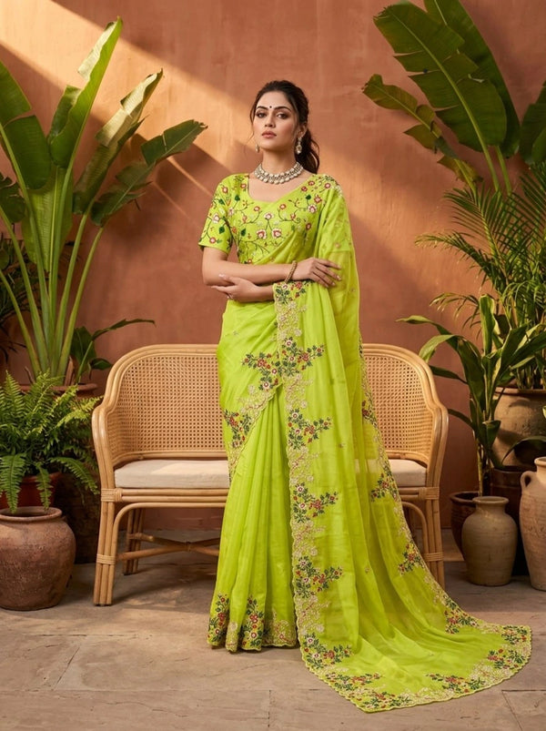Parrot Green Paper Silk Party Wear Saree With Blouse - Front View | Samyak Fashion