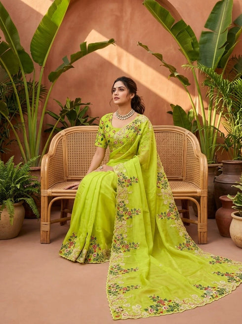 Parrot Green Paper Silk Party Wear Saree With Blouse - Side View | Samyak Fashion