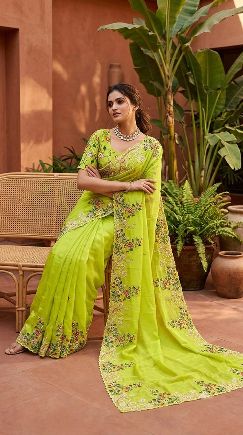 Parrot Green Paper Silk Party Wear Saree With Blouse - Detail View | Samyak Fashion