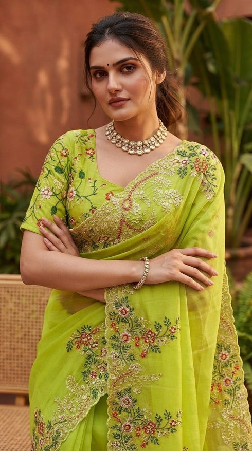 Parrot Green Paper Silk Party Wear Saree With Blouse - Close-up View | Samyak Fashion
