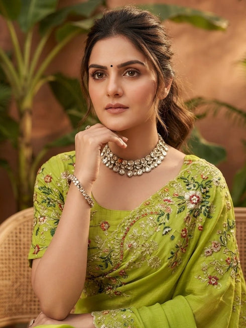 Parrot Green Paper Silk Party Wear Saree With Blouse - Full View | Samyak Fashion