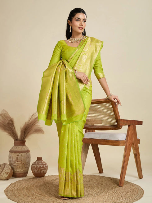 Parrot Green Soft Kanjivaram Silk Traditional Function Wear Soft Kanjivaram Silk Saree Collection With Blouse - Back View | Samyak Fashion