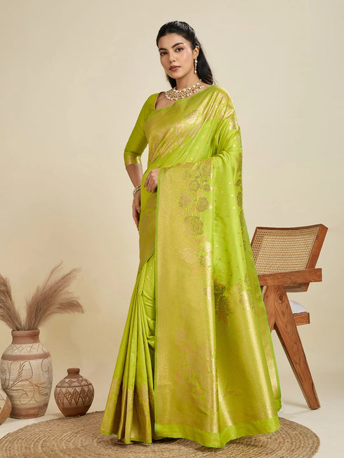 Parrot Green Soft Kanjivaram Silk Traditional Function Wear Soft Kanjivaram Silk Saree Collection With Blouse - Side View | Samyak Fashion