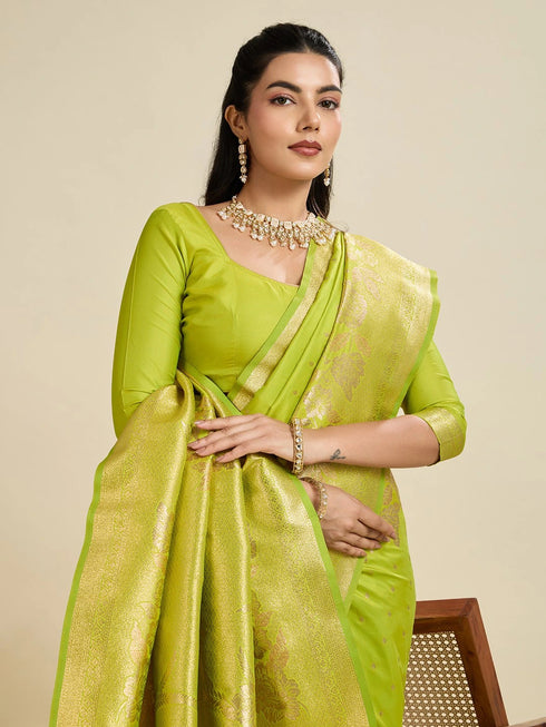 Parrot Green Soft Kanjivaram Silk Traditional Function Wear Soft Kanjivaram Silk Saree Collection With Blouse - Close-up View | Samyak Fashion