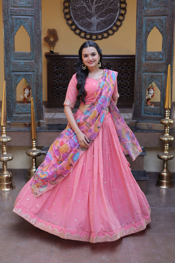 Peach Cosmos Silk Lehenga Choli - Front View | Samyak Fashion