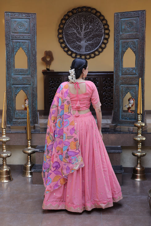 Peach Cosmos Silk Lehenga Choli - Back View | Samyak Fashion