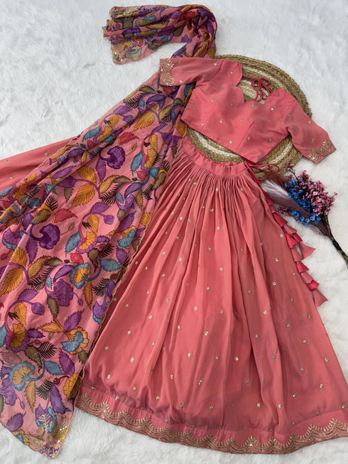 Peach Cosmos Silk Lehenga Choli - Close-up View | Samyak Fashion