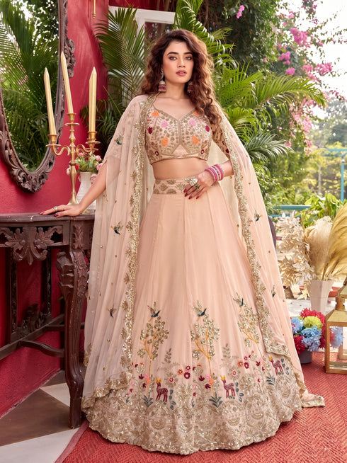 Peach Faux Georgette Lehenga Choli Ethnic Embroidery Sequins Work With Can-can & Canvas Patta - Back View | Samyak Fashion