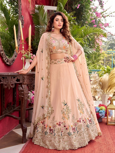 Peach Faux Georgette Lehenga Choli Ethnic Embroidery Sequins Work With Can-can & Canvas Patta - Side View | Samyak Fashion