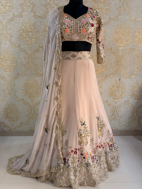 Peach Faux Georgette Lehenga Choli Ethnic Embroidery Sequins Work With Can-can & Canvas Patta - Detail View | Samyak Fashion