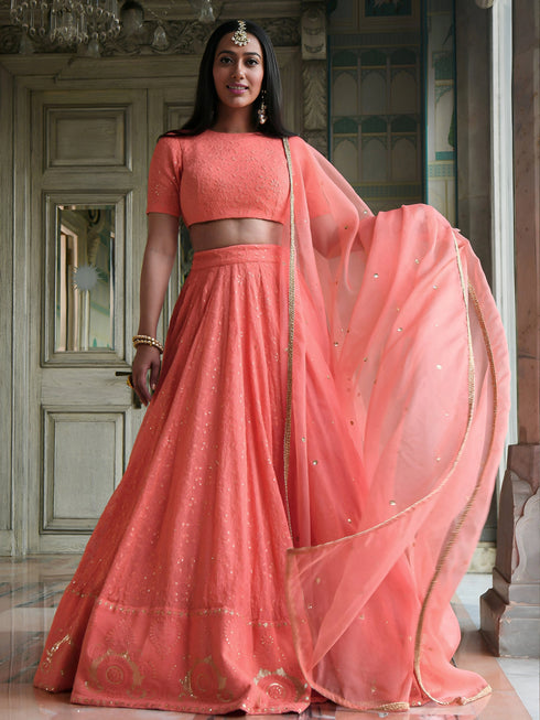 Peach Georgette Lehenga Choli - Front View | Samyak Fashion