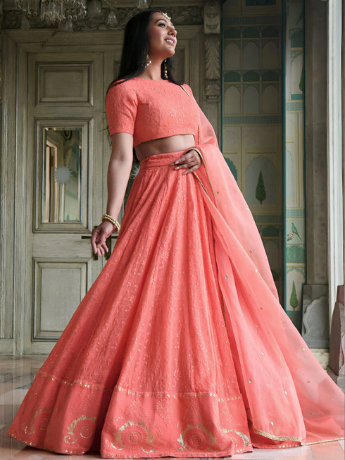 Peach Georgette Lehenga Choli - Side View | Samyak Fashion