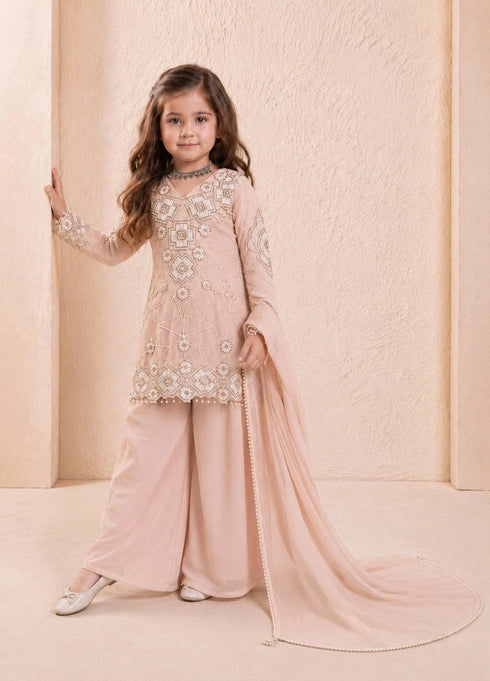 Peach Heavy Fox Georgette Kid's Salwar Suit - Back View | Samyak Fashion