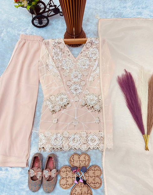 Peach Heavy Fox Georgette Kid's Salwar Suit - Detail View | Samyak Fashion