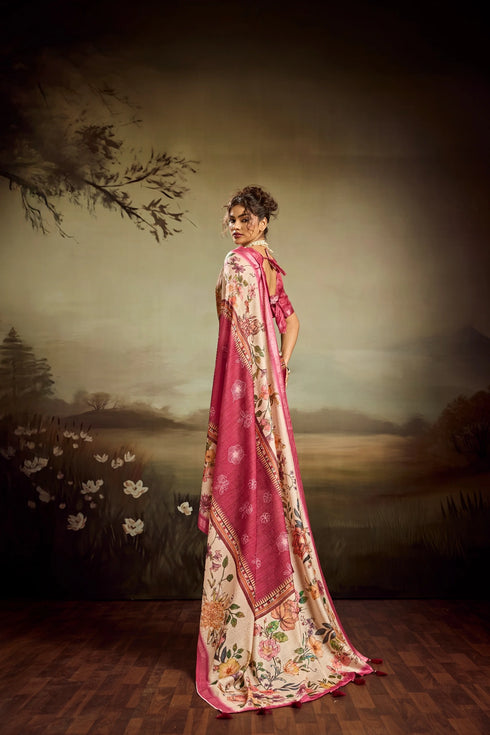 Peach Jacquard Elegant Party Wear Saree Collection With Blouse - Side View | Samyak Fashion