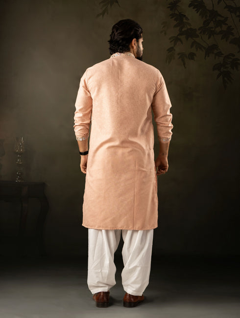 Peach Linen Mens Kurta With Payjama - Back View | Samyak Fashion