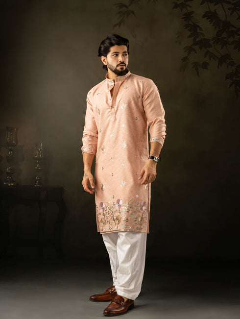 Peach Linen Mens Kurta With Payjama - Side View | Samyak Fashion