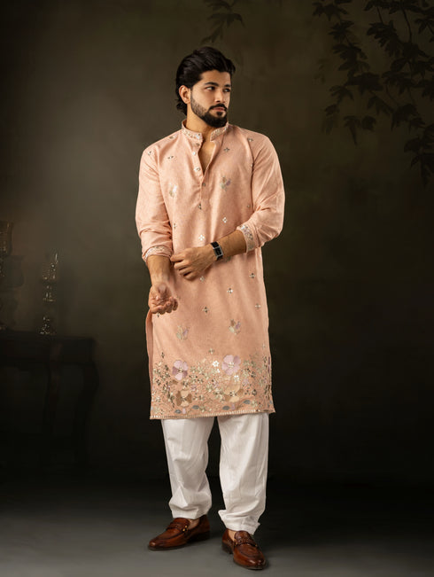 Peach Linen Mens Kurta With Payjama - Detail View | Samyak Fashion