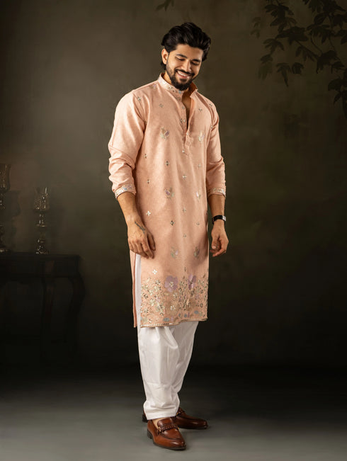 Peach Linen Mens Kurta With Payjama - Close-up View | Samyak Fashion