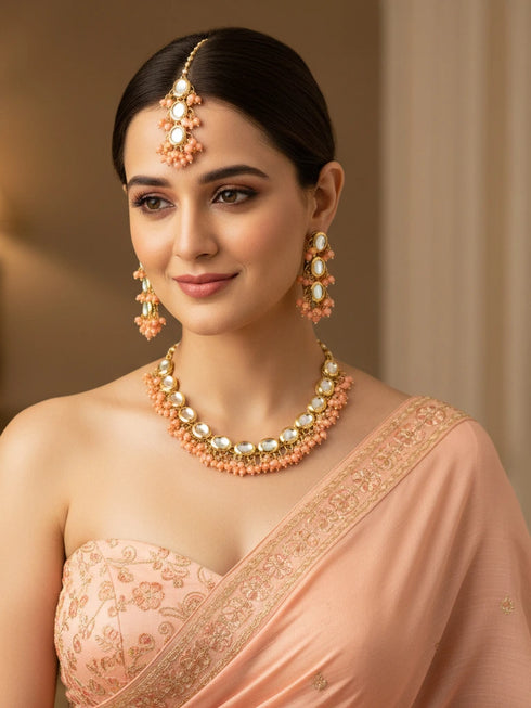 Peach Necklace Set - Front View | Samyak Fashion