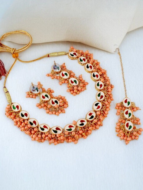 Peach Necklace Set - Detail View | Samyak Fashion
