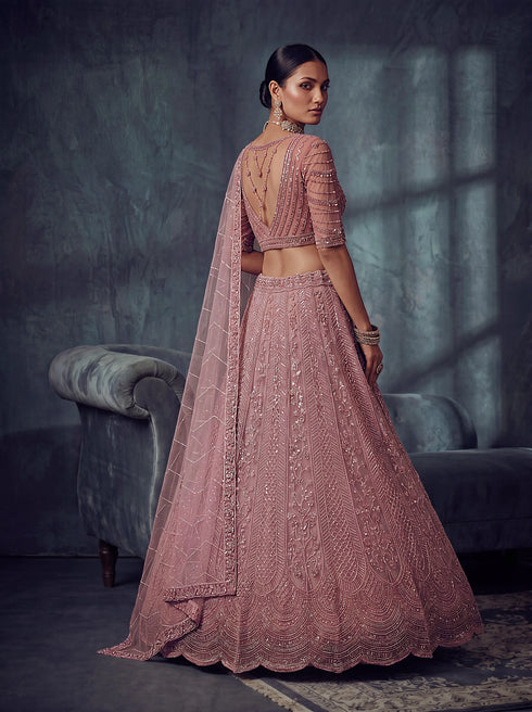 Peach Net Lehenga Choli - Back View | Samyak Fashion