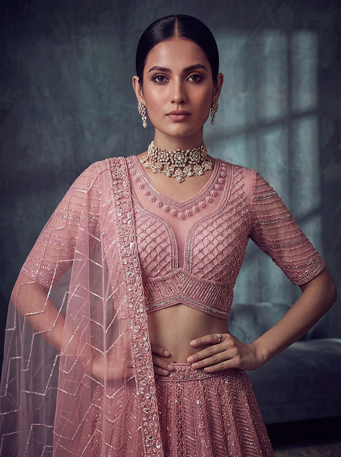 Peach Net Lehenga Choli - Side View | Samyak Fashion