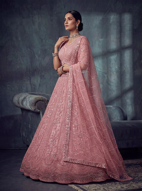 Peach Net Lehenga Choli - Detail View | Samyak Fashion