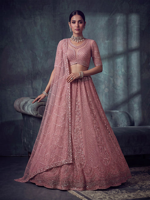 Peach Net Lehenga Choli - Close-up View | Samyak Fashion
