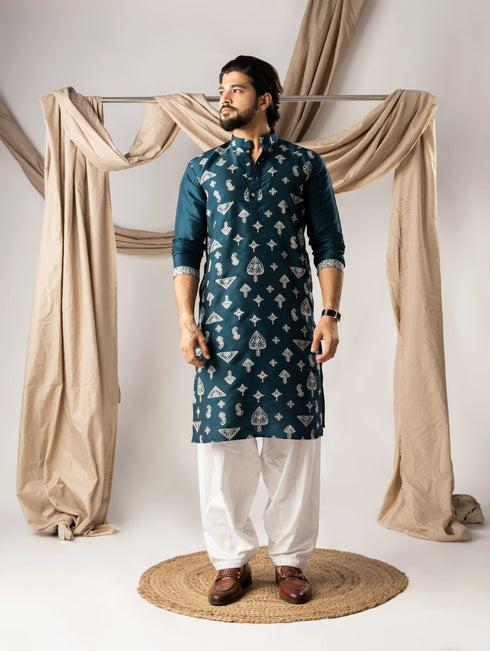 Peacock Blue Silk Mens Kurta With Payjama - Front View | Samyak Fashion