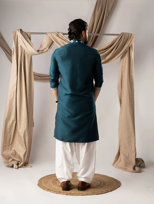 Peacock Blue Silk Mens Kurta With Payjama - Back View | Samyak Fashion