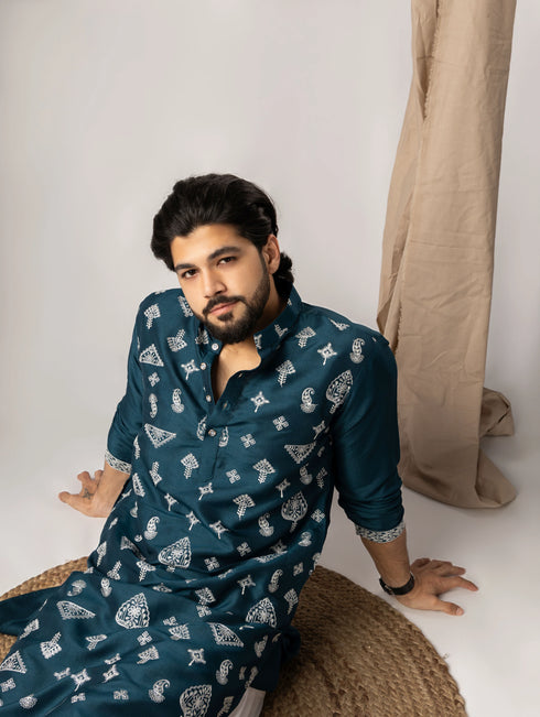 Peacock Blue Silk Mens Kurta With Payjama - Side View | Samyak Fashion