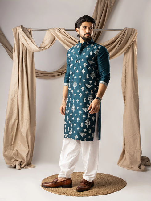 Peacock Blue Silk Mens Kurta With Payjama - Detail View | Samyak Fashion