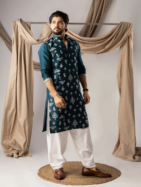 Peacock Blue Silk Mens Kurta With Payjama - Close-up View | Samyak Fashion
