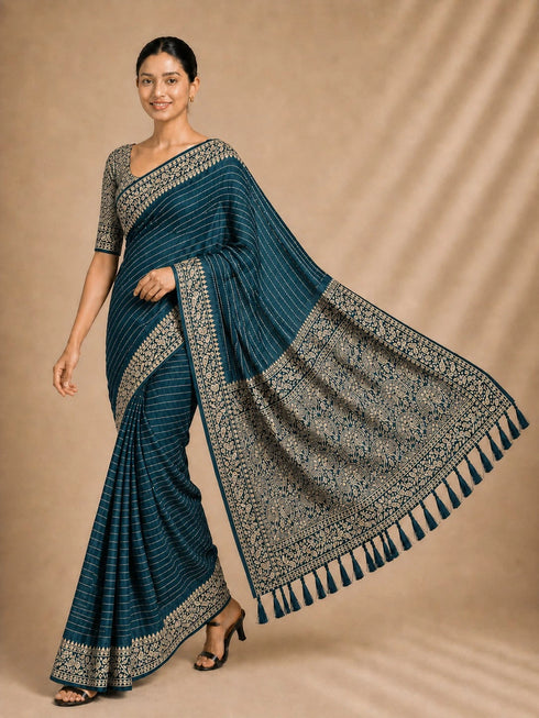 Petrol Chiffon Saree With Blouse - Front View | Samyak Fashion