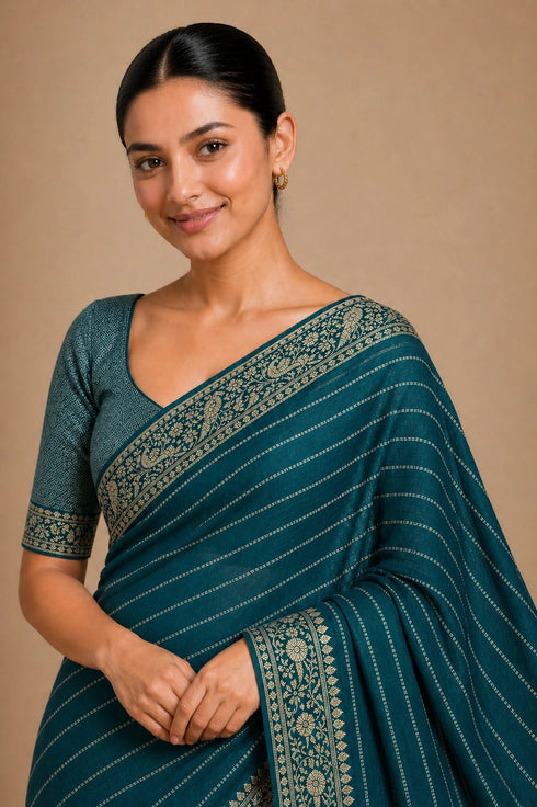 Petrol Chiffon Saree With Blouse - Side View | Samyak Fashion