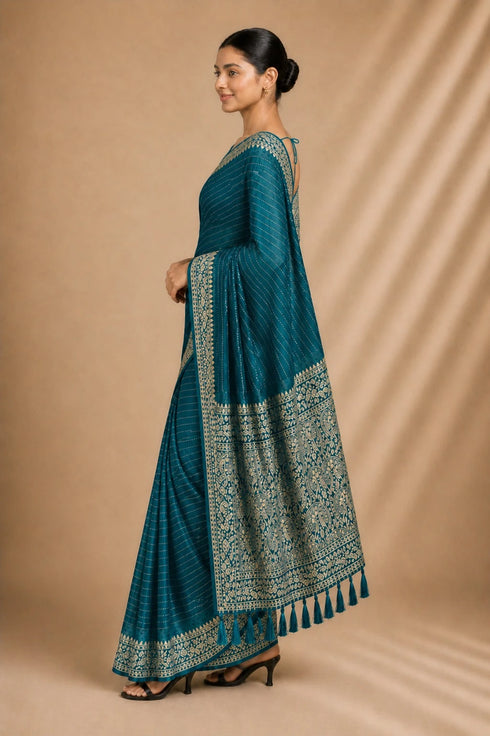Petrol Chiffon Saree With Blouse - Detail View | Samyak Fashion