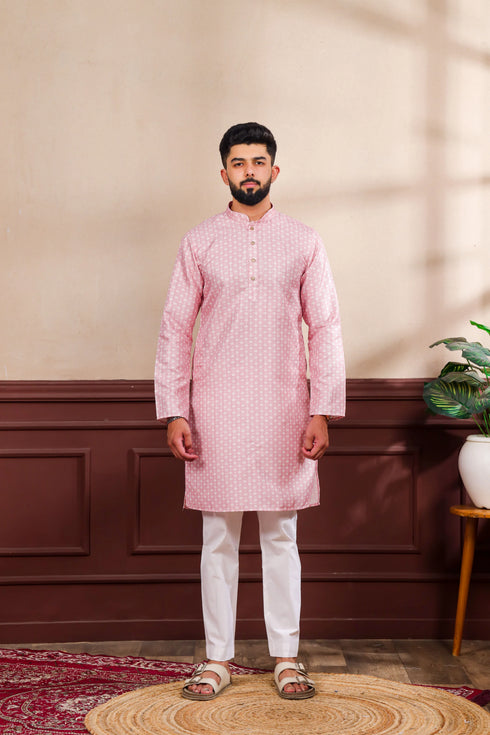Pink Art Silk Mens Kurta With Payjama - Front View | Samyak Fashion