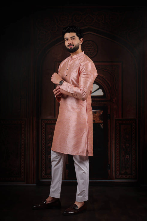 Pink Art Silk Mens Kurta With Payjama - Detail View | Samyak Fashion