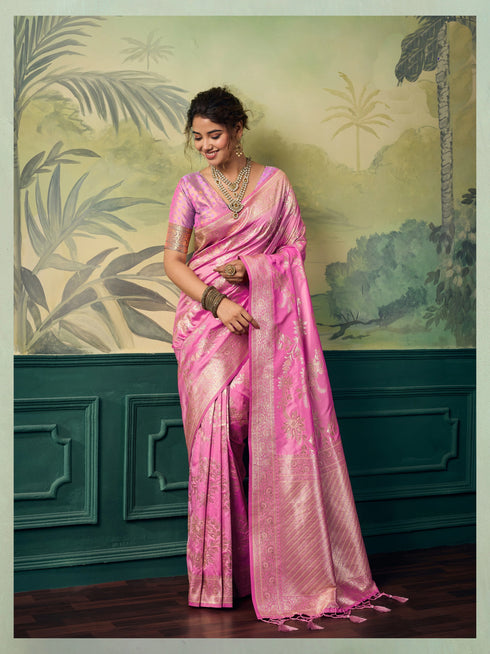 Pink Banarasi Silk Party Wear Saree With Blouse - Front View | Samyak Fashion