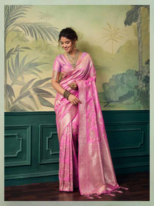 Pink Banarasi Silk Party Wear Saree With Blouse - Front View | Samyak Fashion