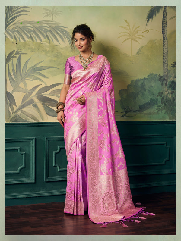 Pink Banarasi Silk Party Wear Saree With Blouse - Front View | Samyak Fashion