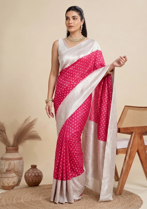 Pink Banarasi Soft Silk Elegant Party Wear Saree Collection With Blouse - Back View | Samyak Fashion