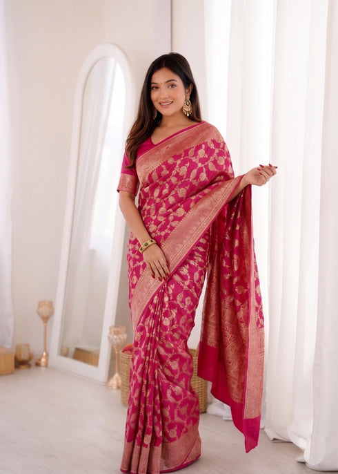 Pink Banarasi Soft Silk Party Wear Saree With Blouse - Front View | Samyak Fashion
